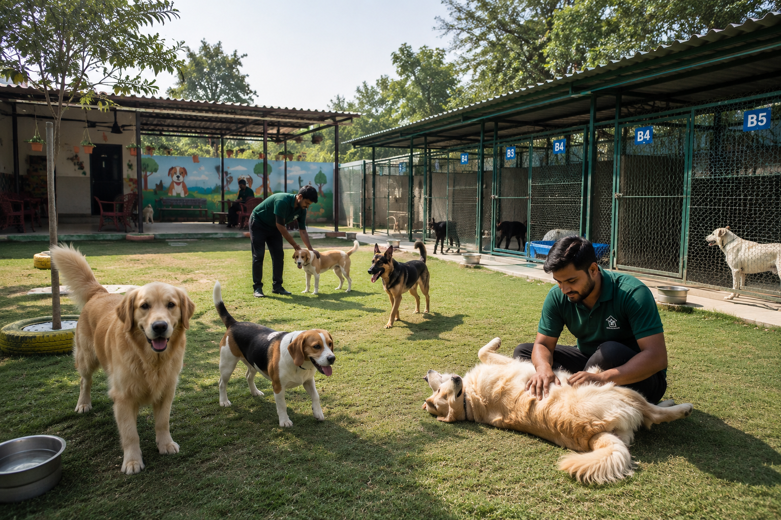 Happy dogs together before pet boarding